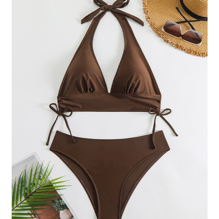 New Solid Color Lace-Up Neck Bikini Briefs Split Swimsuit for Women