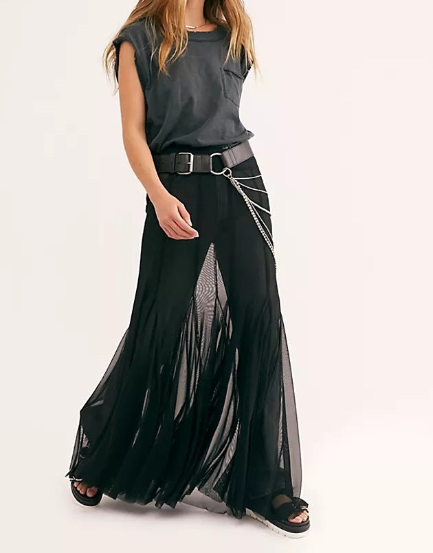 Women's Mesh High-Waisted Long Skirt - Elegant Sheer Layered Maxi