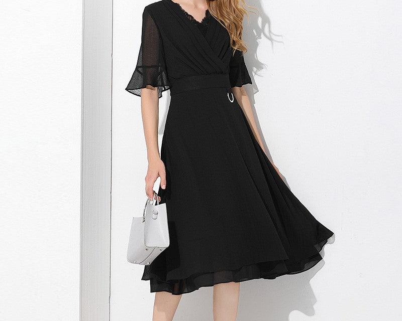 Youthful French-Style Black V-Neck Chiffon Dress with Bell Sleeves, Lace Trim, and A-Line Casual Skirt – Slimming Elegant Design