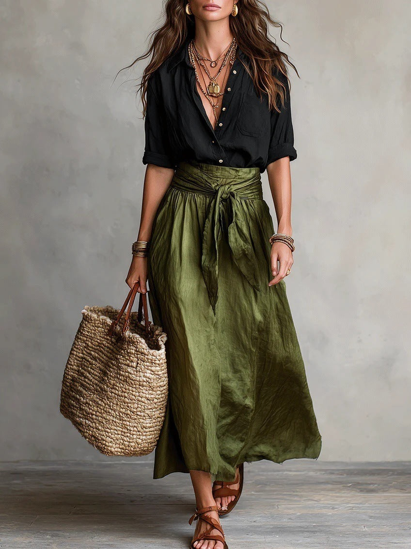 Long Sleeve Shirt & Color Block Tie-Waist Midi Skirt 2-Piece Set for Women
