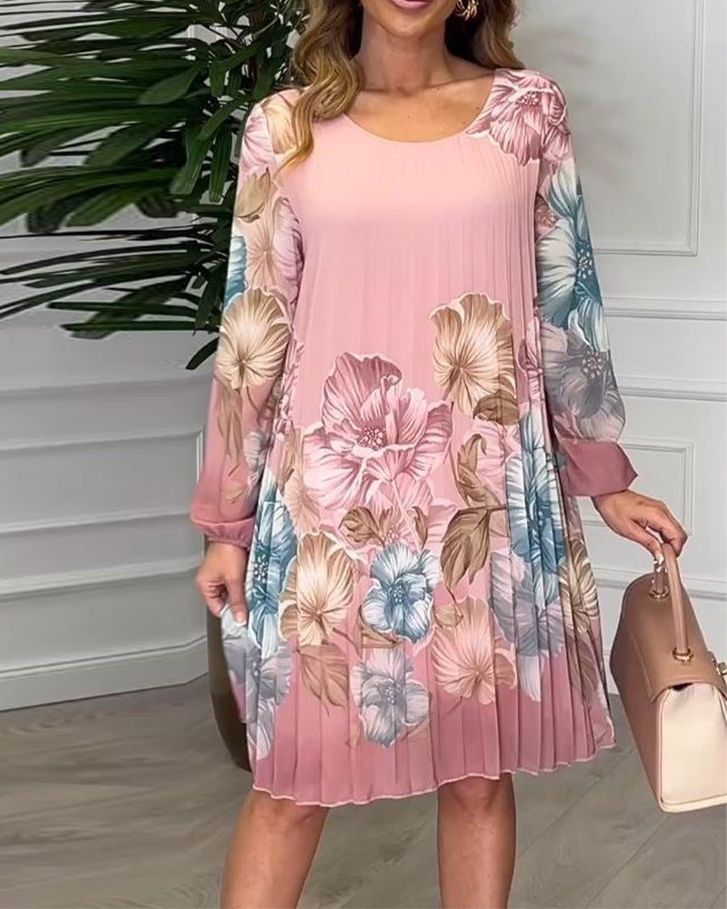 Women's Elegant Crewneck Puff Sleeve Pleated Printed Dress