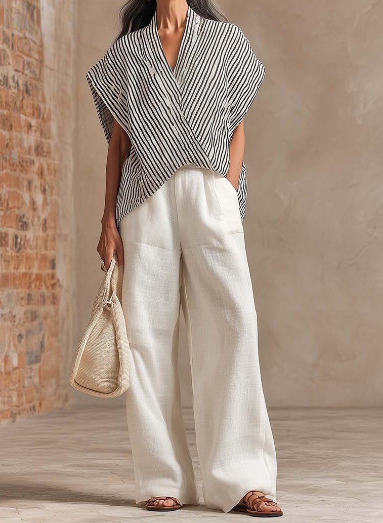 Women's Summer Casual Wide-Leg Pants Two-Piece Set – Short Sleeve Relaxed Outfit