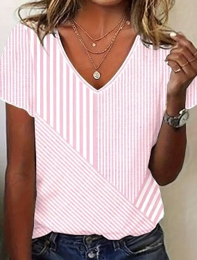 Women's Summer Printed V-Neck Striped Short Sleeve Top – Fashionable Everyday Wear
