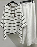 Women’s Striped Crew Neck Casual Five-Sleeve T-Shirt and Pants Two-Piece Set