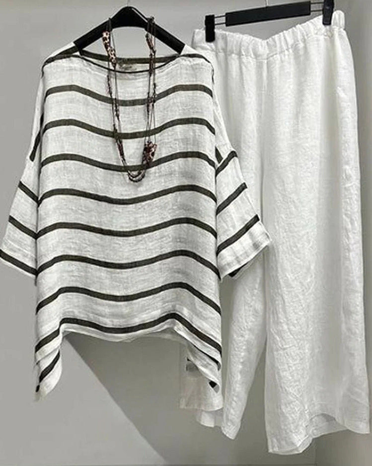 Women’s Striped Crew Neck Casual Five-Sleeve T-Shirt and Pants Two-Piece Set
