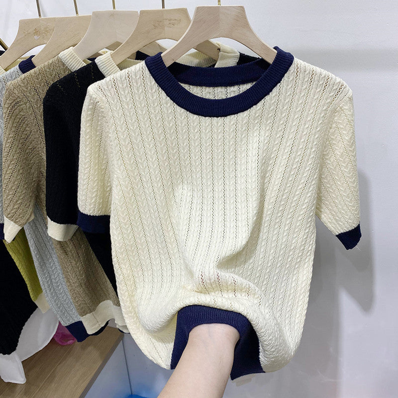New Summer Color-Blocked Soft Knit Short-Sleeve Sweater for Women