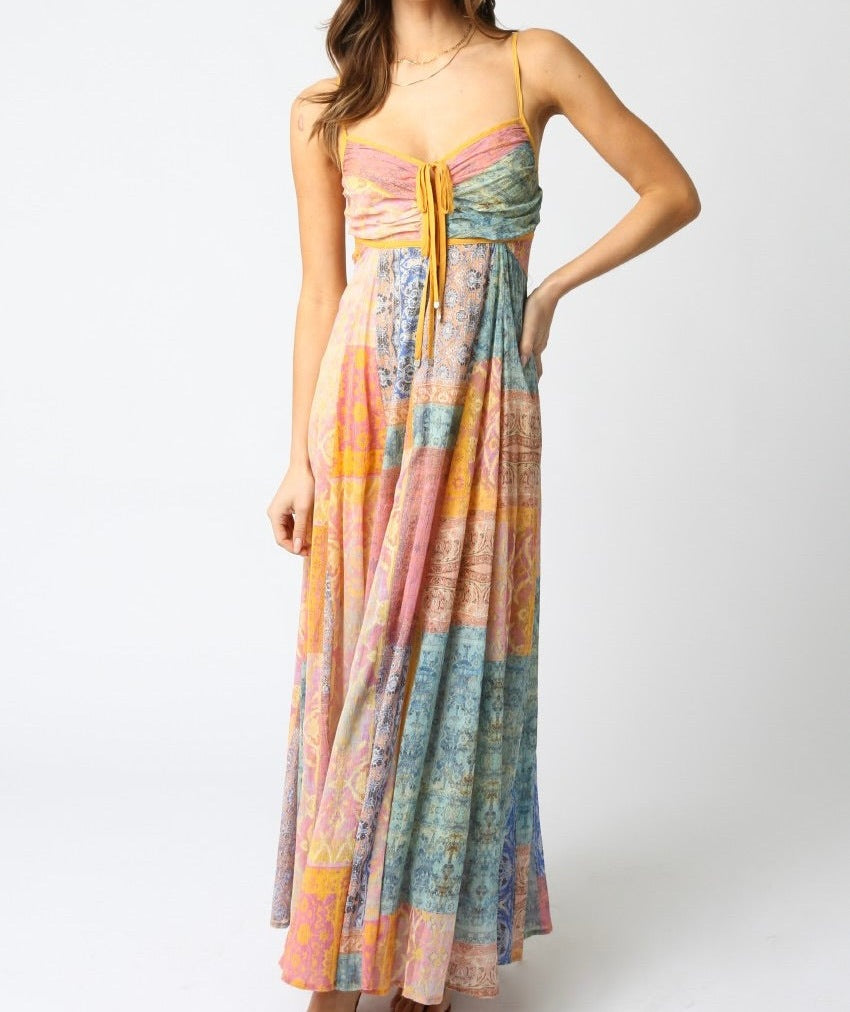 Women's V-Neck Printed Lace-Up Loose Fit Sleeveless Dress