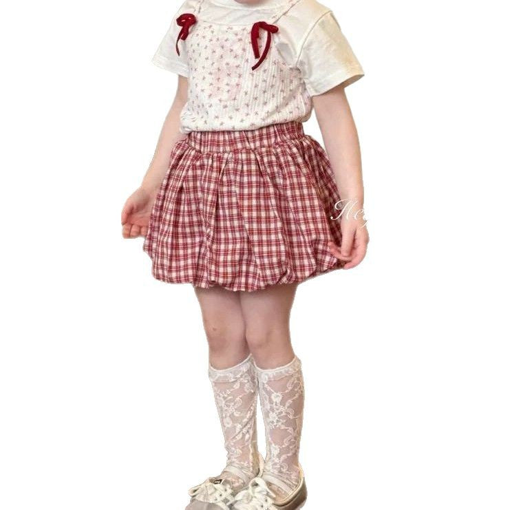 Summer Baby Girls Floral Vest Sling T-Shirt with Plaid Flower Accent Dress - RAC26JP5403BATS