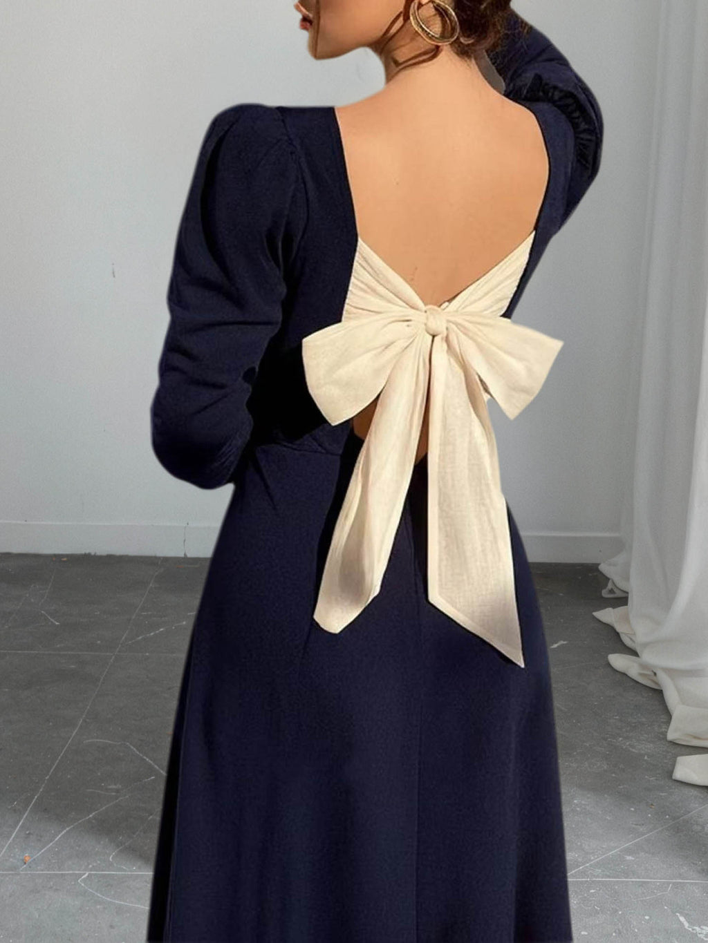 Women's French-Inspired Square Neck Back Design Bow Waist Long Sleeve Midi Dress