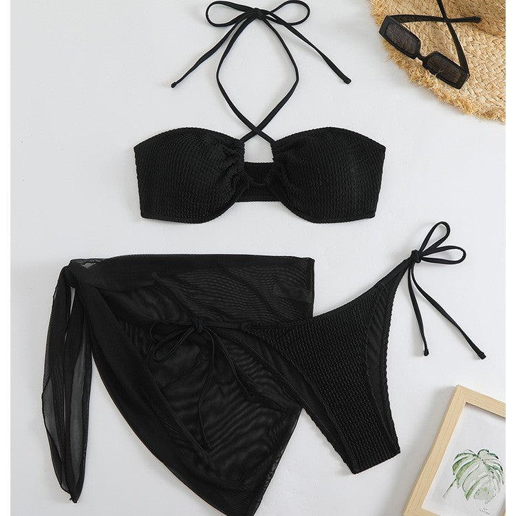 New Drawstring Tie Halter Neck Bikini with Tulle Skirt - 3-Piece Women's Swimsuit