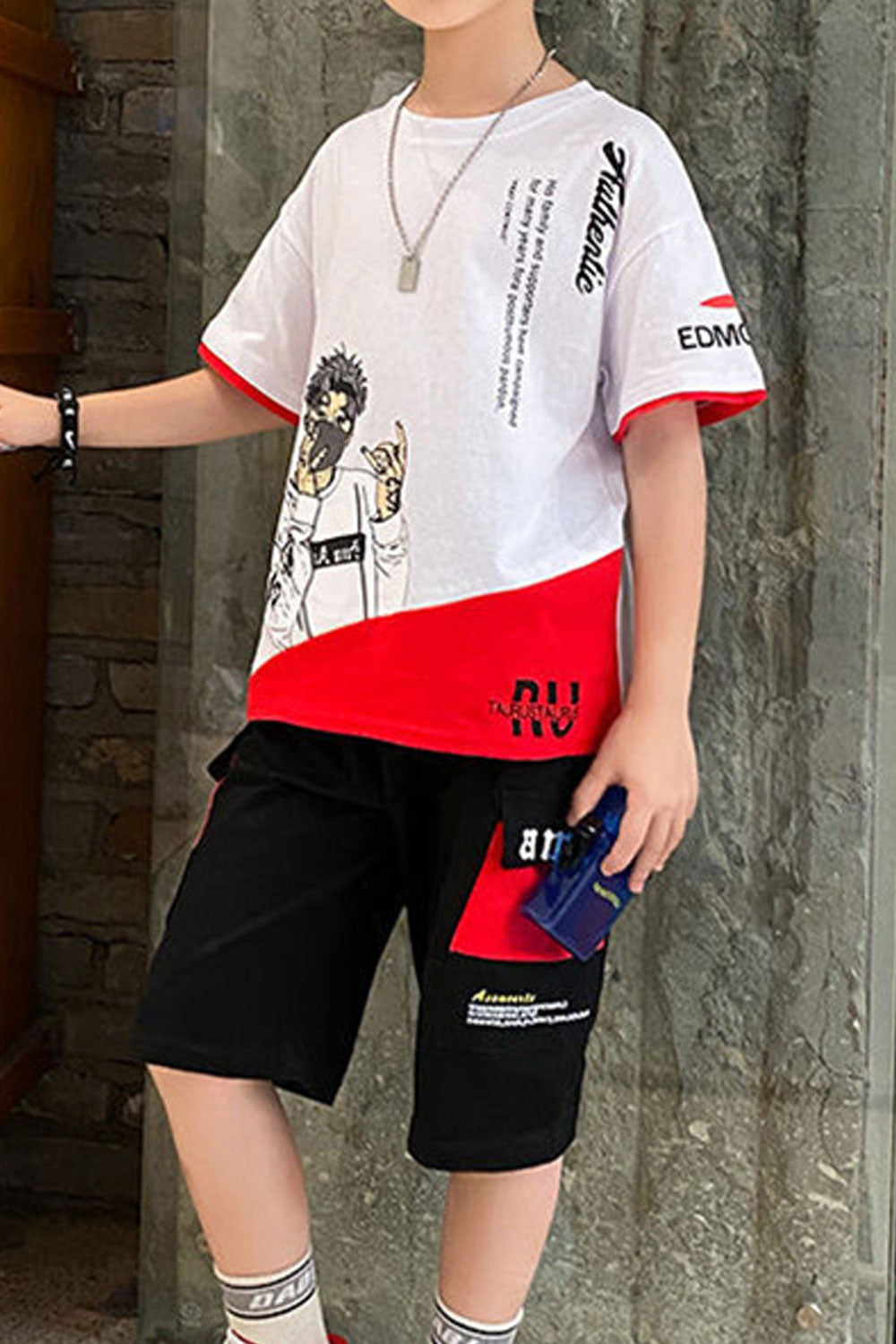Kid Boys Print Style Round Neck short-sleeve With Short 2 Piece Suit