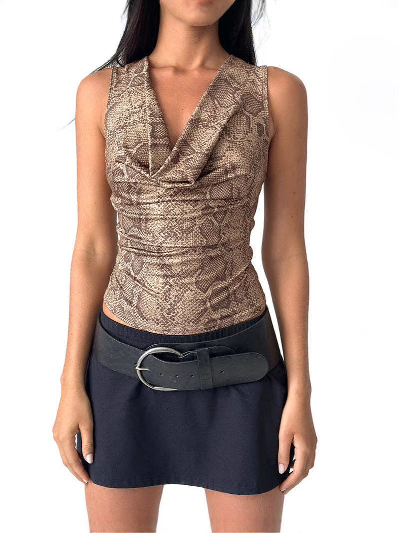 New Snake Pattern High Collar Sleeveless Vest Top