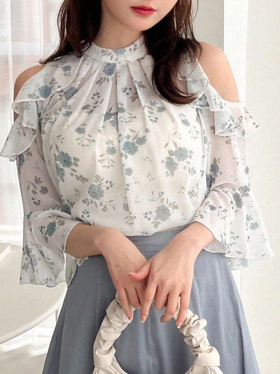 Women's Elegant Floral Chiffon Blouse - Summer Off-Shoulder Lightweight Top