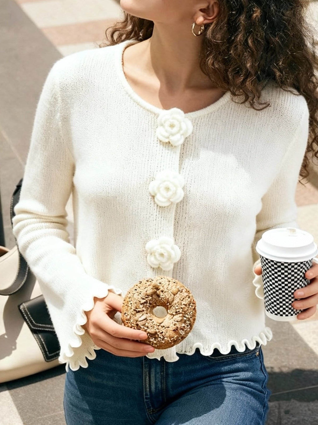 Women's Floral Ruffle Long Sleeve Knit Sweater Casual Solid Color Pullover for Fall and Winter