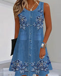 Women's Printed Round Neck Sleeveless Imitation Denim Dress