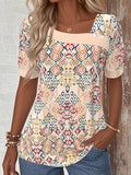 Women's Elegant Slant Collar Printed Button Detail Short Sleeve T-Shirt Top