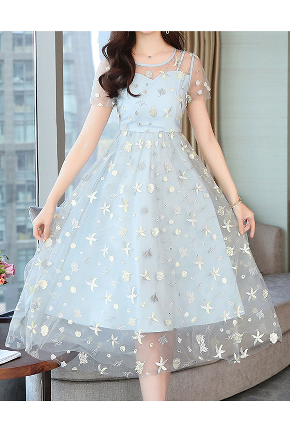 Women Splendid Sequin decorated Short Sleeve Round Neck Amazing A-Line Evening Party Skirt Dress