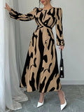 Women's Commuter Crew Neck Long Sleeve Waist Fit Large Swing Midi Dress Casual Everyday Fashion