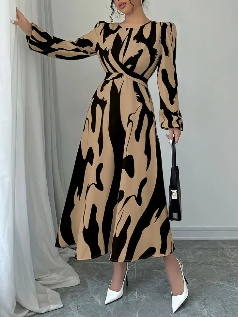 Women's Commuter Crew Neck Long Sleeve Waist Fit Large Swing Midi Dress Casual Everyday Fashion