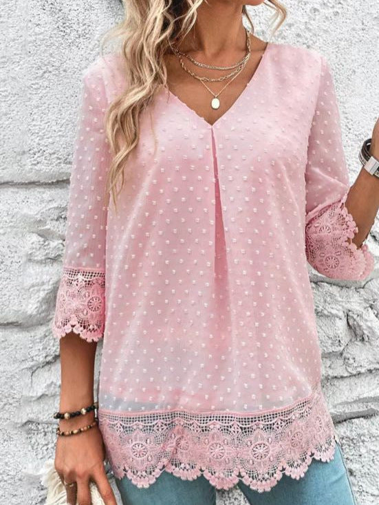 Summer Style Elegant V Neck Three-Quarter Sleeve Cut-Out Lace Detail Top for Women