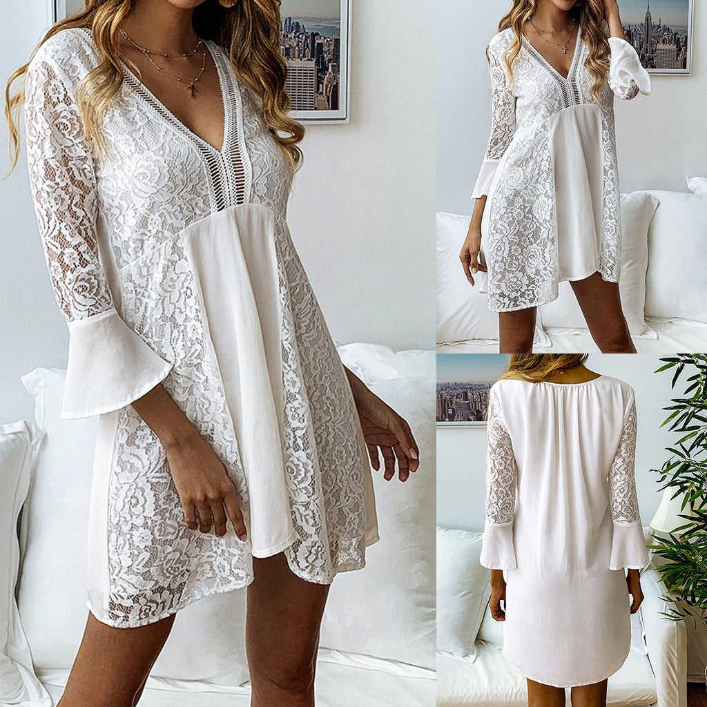 Women's Elegant Lace Patchwork Dress – Slim Fit Fashion Casual Outfit