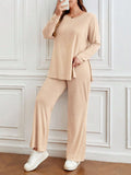 Plus-Size Women's Casual Round Neck Split Long-Sleeve T-Shirt & Wide-Leg Trousers Two-Piece Set