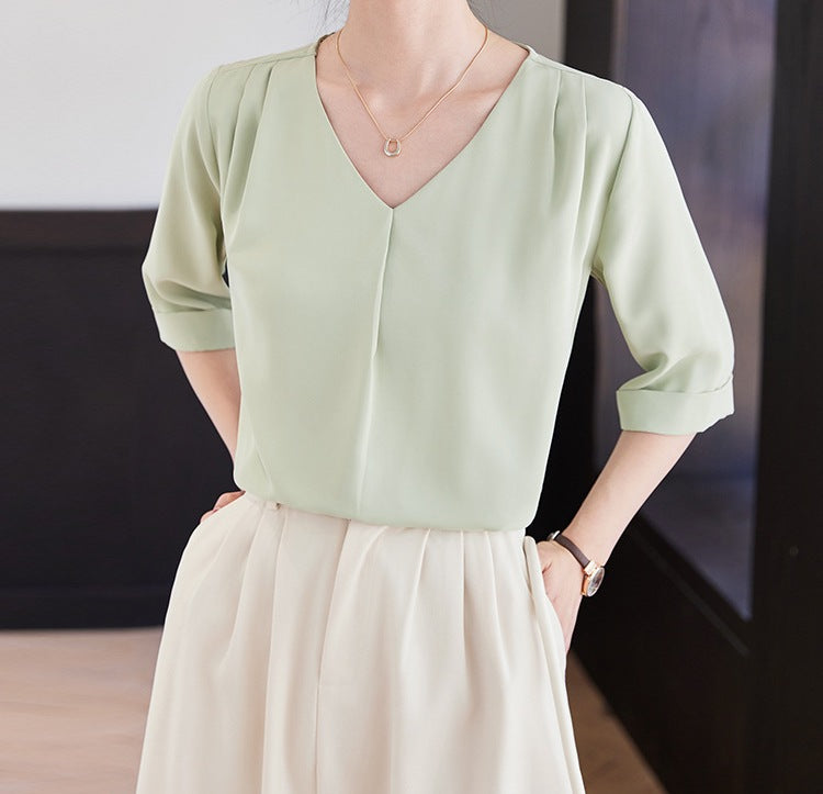Women's V-Neck Half Sleeve Shirt - Summer Lightweight Loose Fit Casual Elegant Top