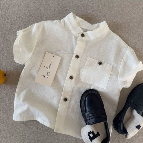 Boys and Girls Summer Striped Collar White Short-Sleeved Shirt - RAC26JP5475BATT