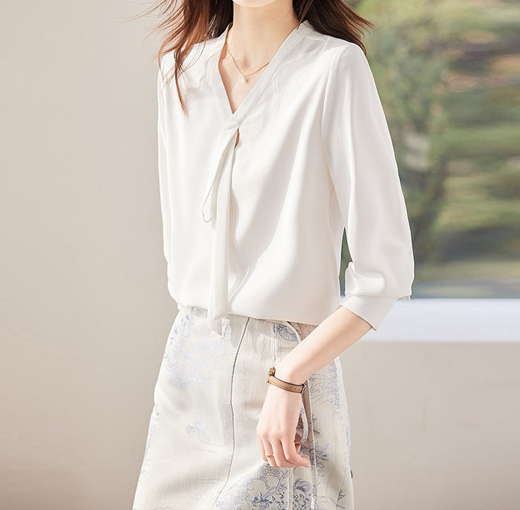 Women's White Chiffon Strap V-Neck Top - Spring & Autumn Blouse