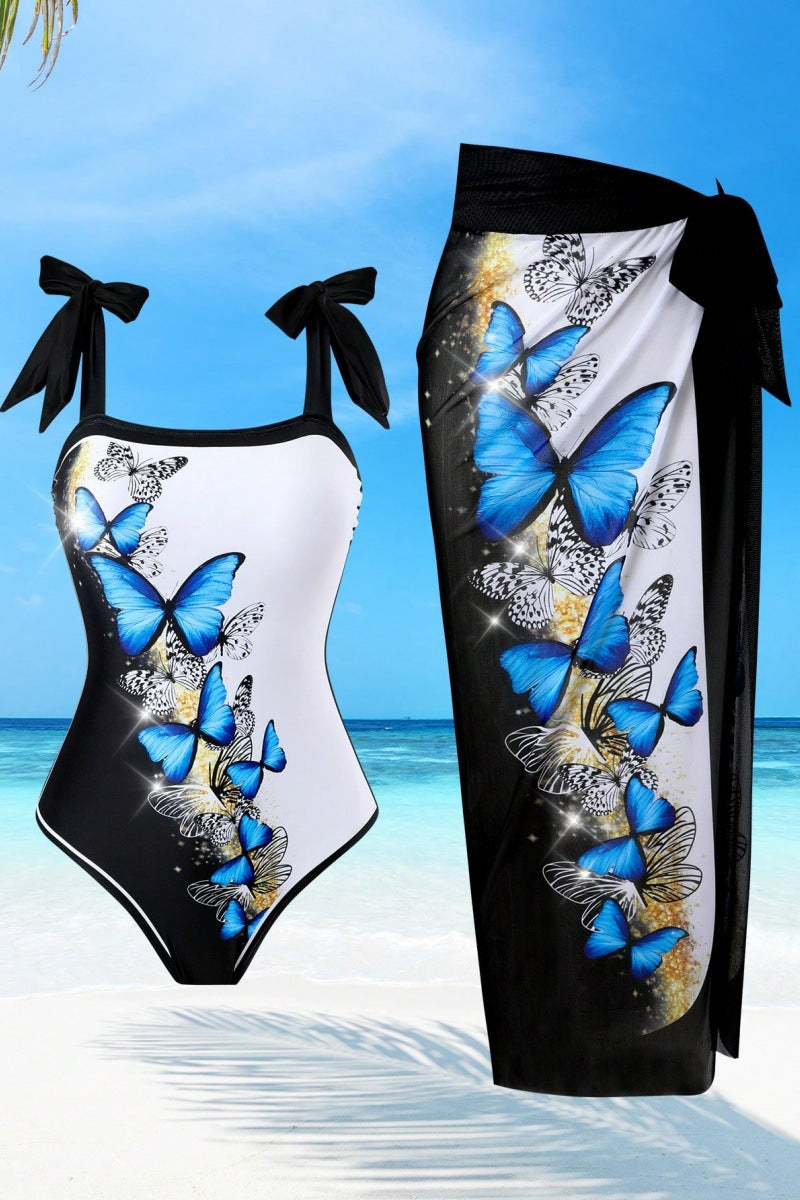 Plus Size Printed Slim-Fit Backless Sling Split Two-Piece Set for Women