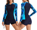 Women’s Split Boxer Surfing Swimsuit – Long-Sleeved Zipper Cardigan Tankini Set – Two-Piece Floral Swimwear
