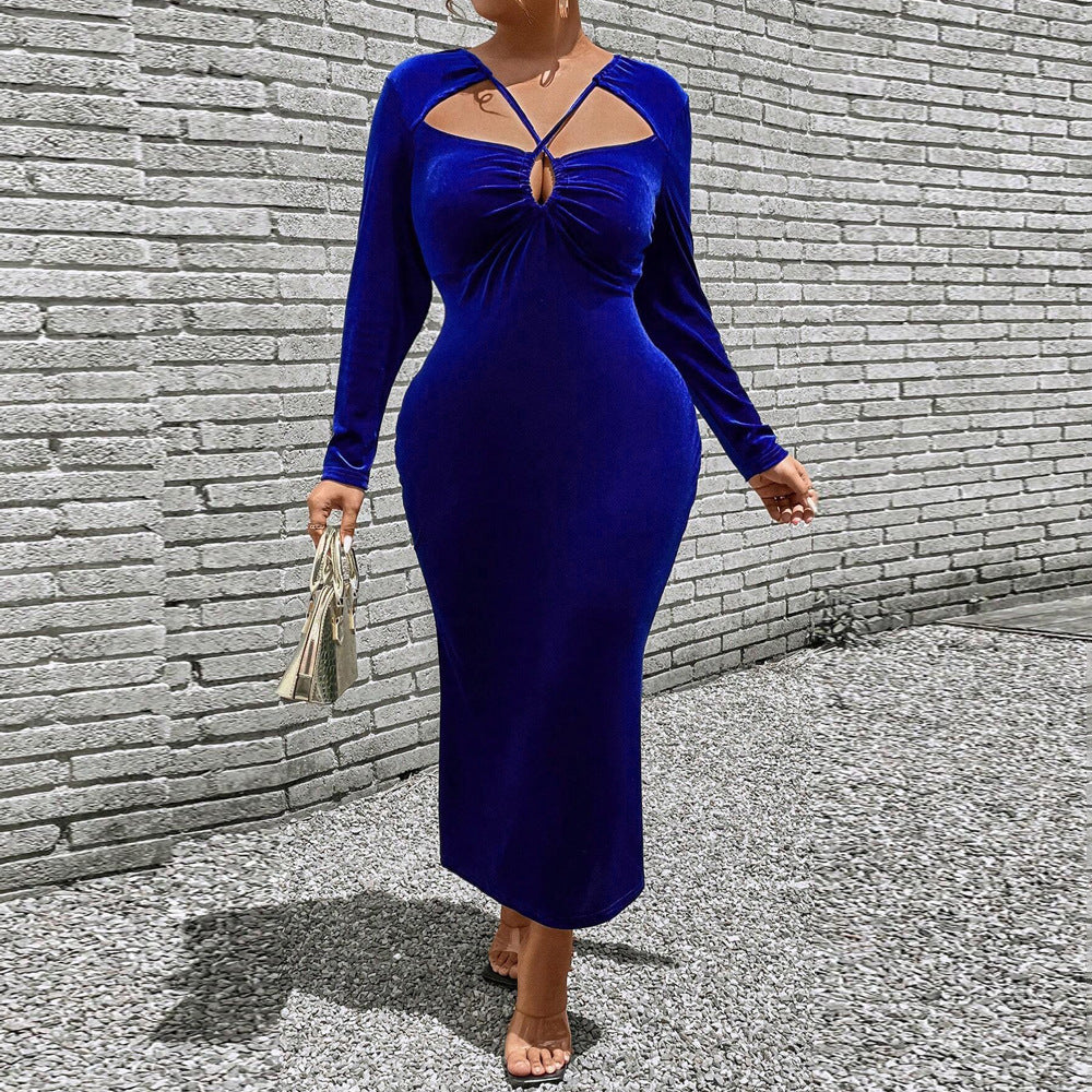 Plus Size Women's Korean Velvet Long Dress – Celebrity Style Blue Enchantress | Elegant Autumn & Winter Temperament Skirt