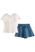 Kids Girls Round Neck Easy Lightweight Solid Colored Pretty Outfit Set