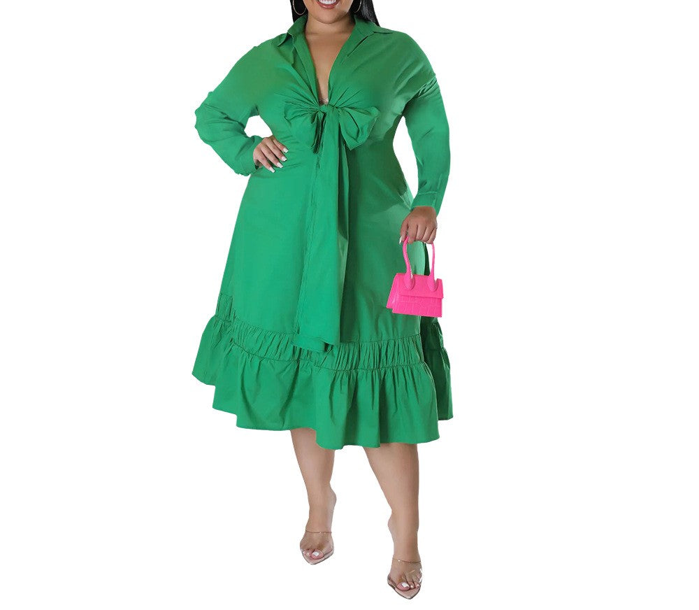 Plus Size Solid Color Ruffle Dress with Bow Tie Neck & Loose Sleeves – Casual Chic