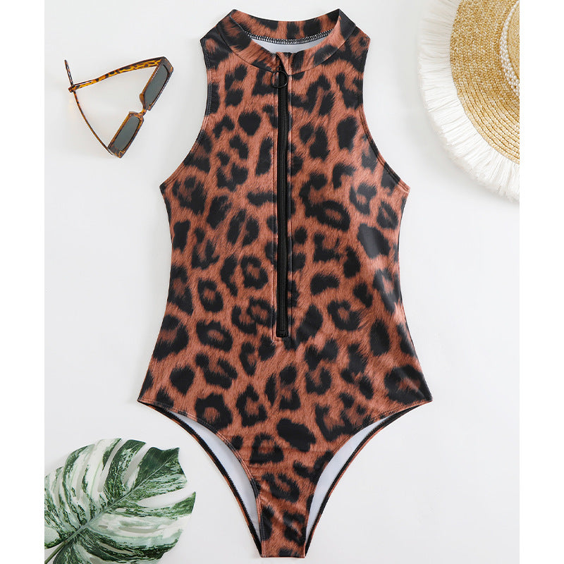 Leopard Print High Collar Sleeveless Zipper Bikini Belly Swimsuit