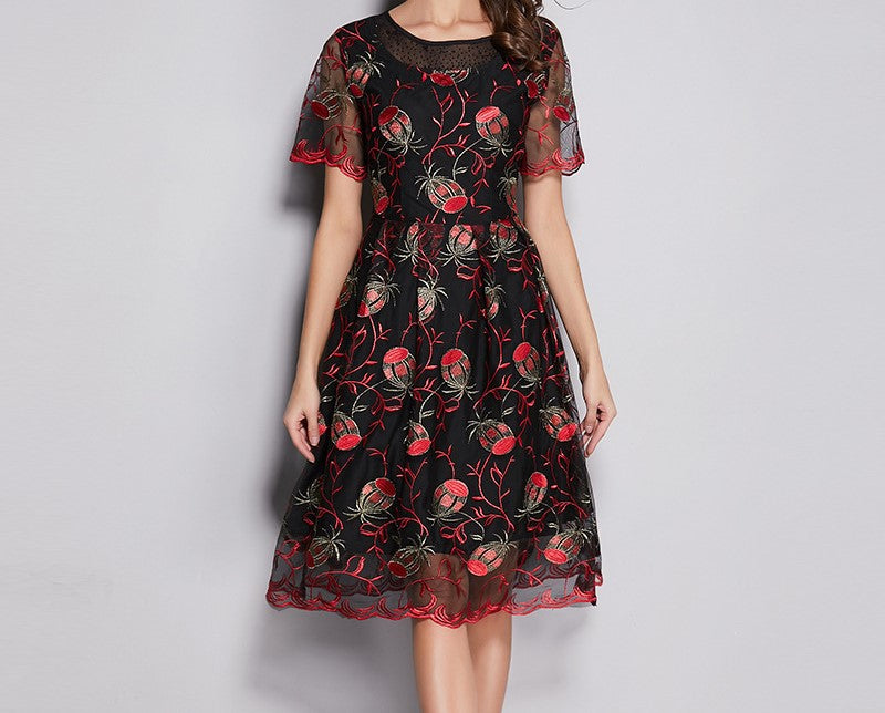Summer Hot Style Hollowed-Out Midi Dress – Elegant A-Line Lace, Versatile Office & Casual Wear, Youthful Charm