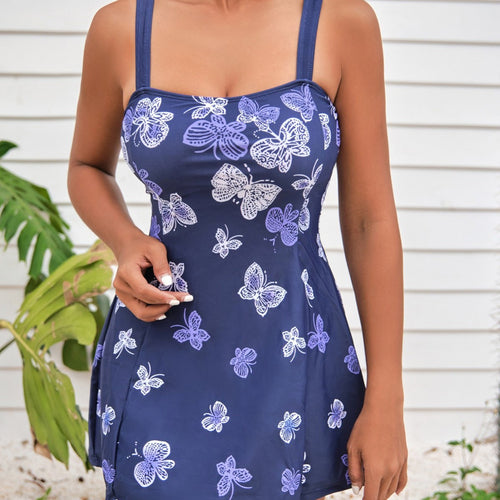 Butterfly Print Double Shoulder Strap Tankini Triangle Two-Piece Swimsuit
