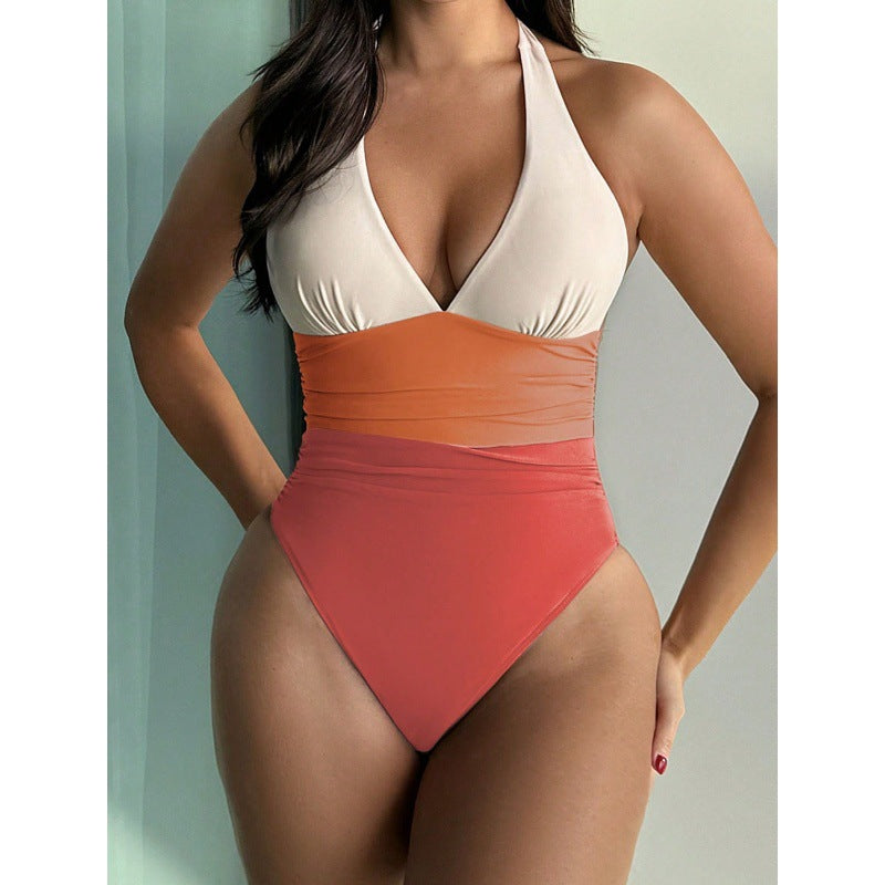 New Color-Matching Deep V Neck Backless One-Piece Bikini Swimsuit for Women