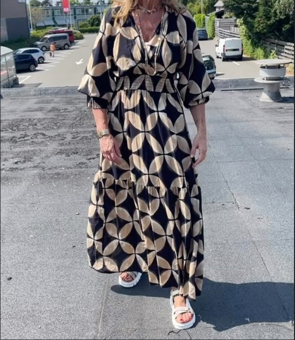 New Spring and Summer Loose V-Neck Copper Coin Print Casual Dress for Women