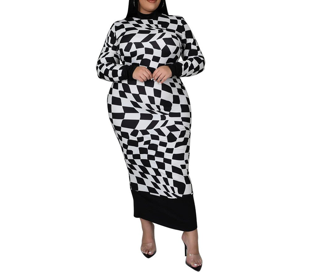 Elegant Plaid Print Long Sleeve Dress – Round Neck, Classic Fit for Effortless Chic