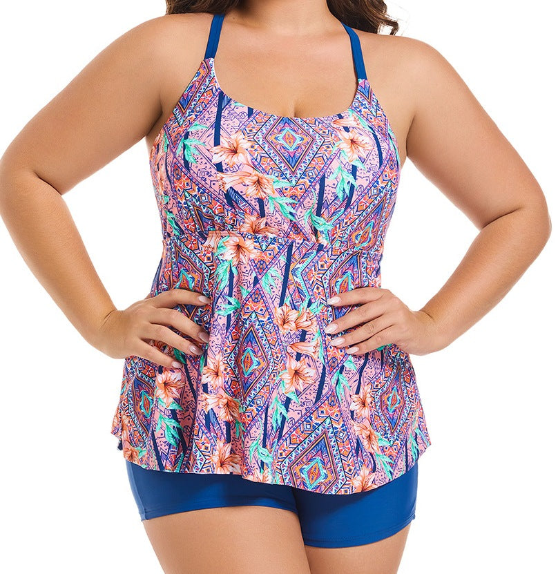 Women's Two-Piece Sporty Tankini Swimsuit – Gathered Suspender Top with Printed Shorts - RAC25JP2602WPSW