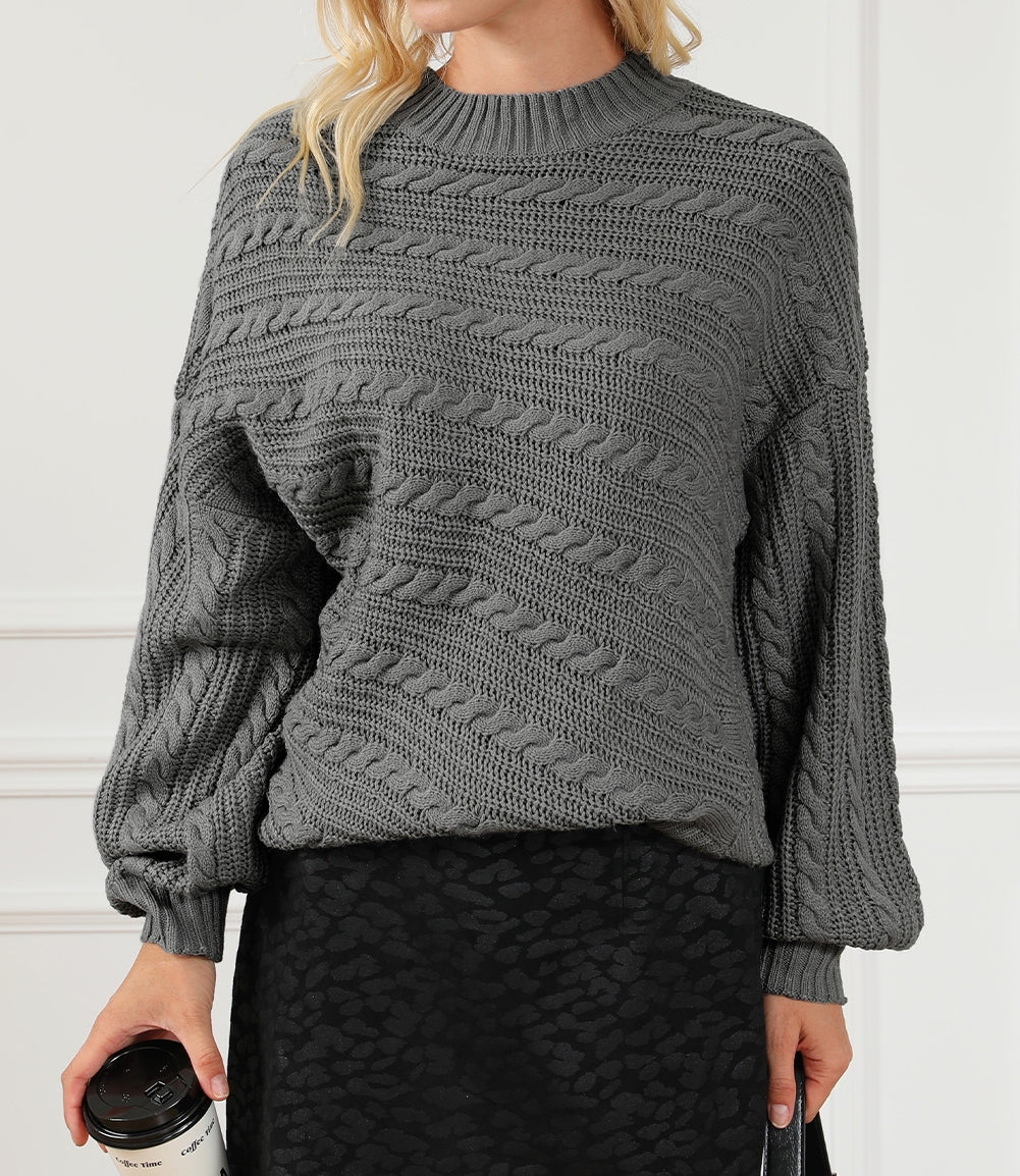 Cable-Knit Mock Neck Dropped Shoulder Sweater