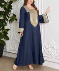 Plus Size Casual Ethnic Style Maxi Dress for Women with Gold Lace Collar, Bell Sleeves, Relaxed Fit, Long Elegant Dress