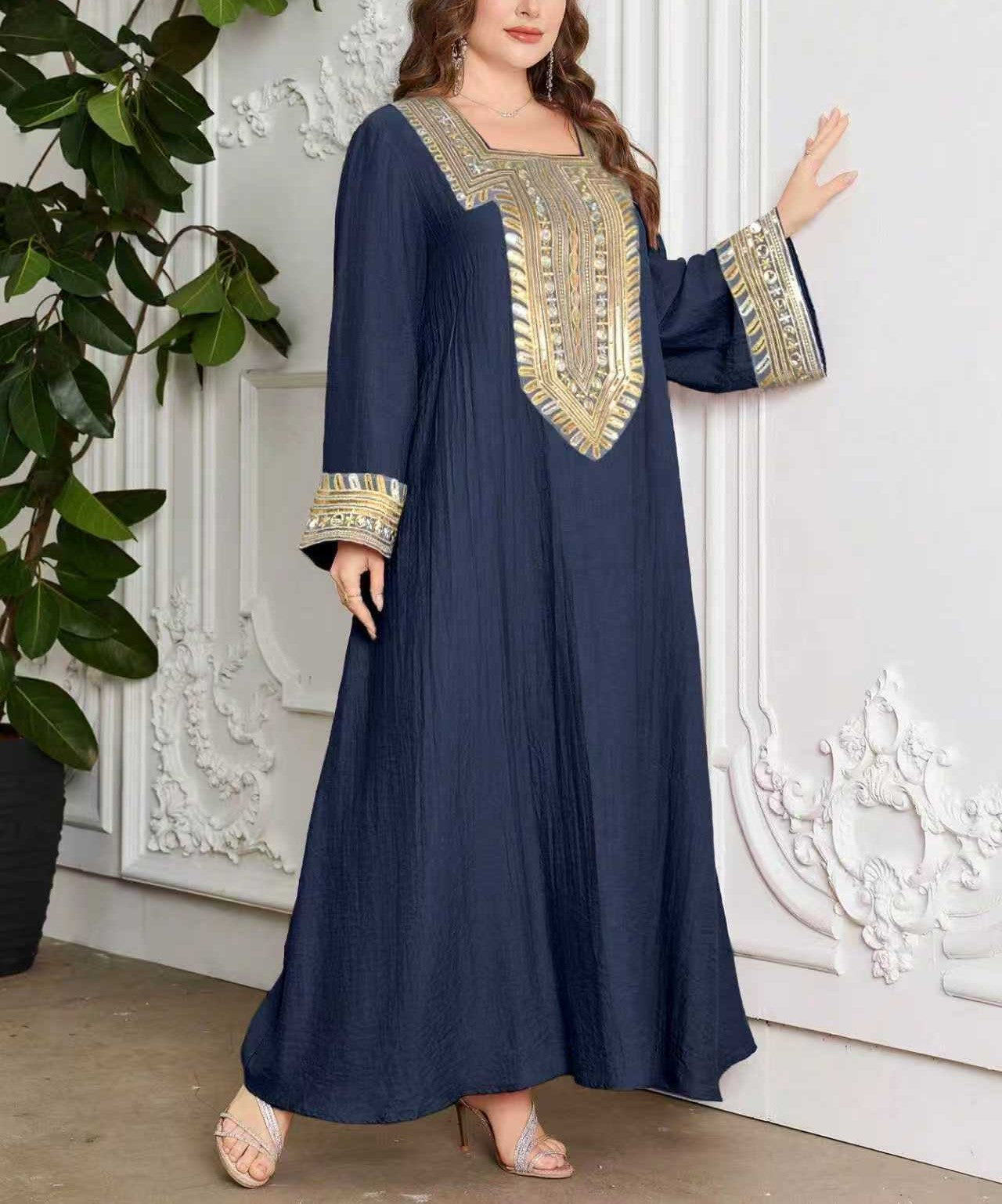 Plus Size Casual Ethnic Style Maxi Dress for Women with Gold Lace Collar, Bell Sleeves, Relaxed Fit, Long Elegant Dress