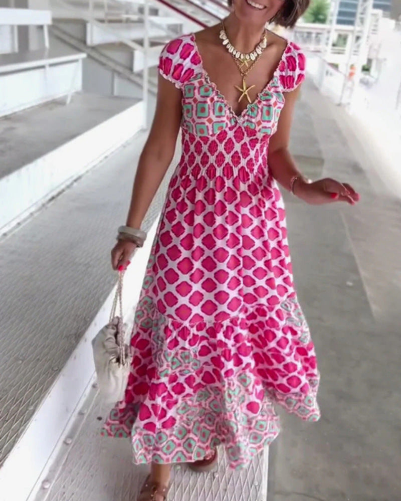Women's Summer Print V-Neck Short Sleeve Elegant Dress