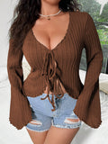 Women’s Sweet & Spicy V-Neck T-Shirt – Autumn & Winter Flared Sleeve Slim-Fit Tie-Waist Cardigan Top
