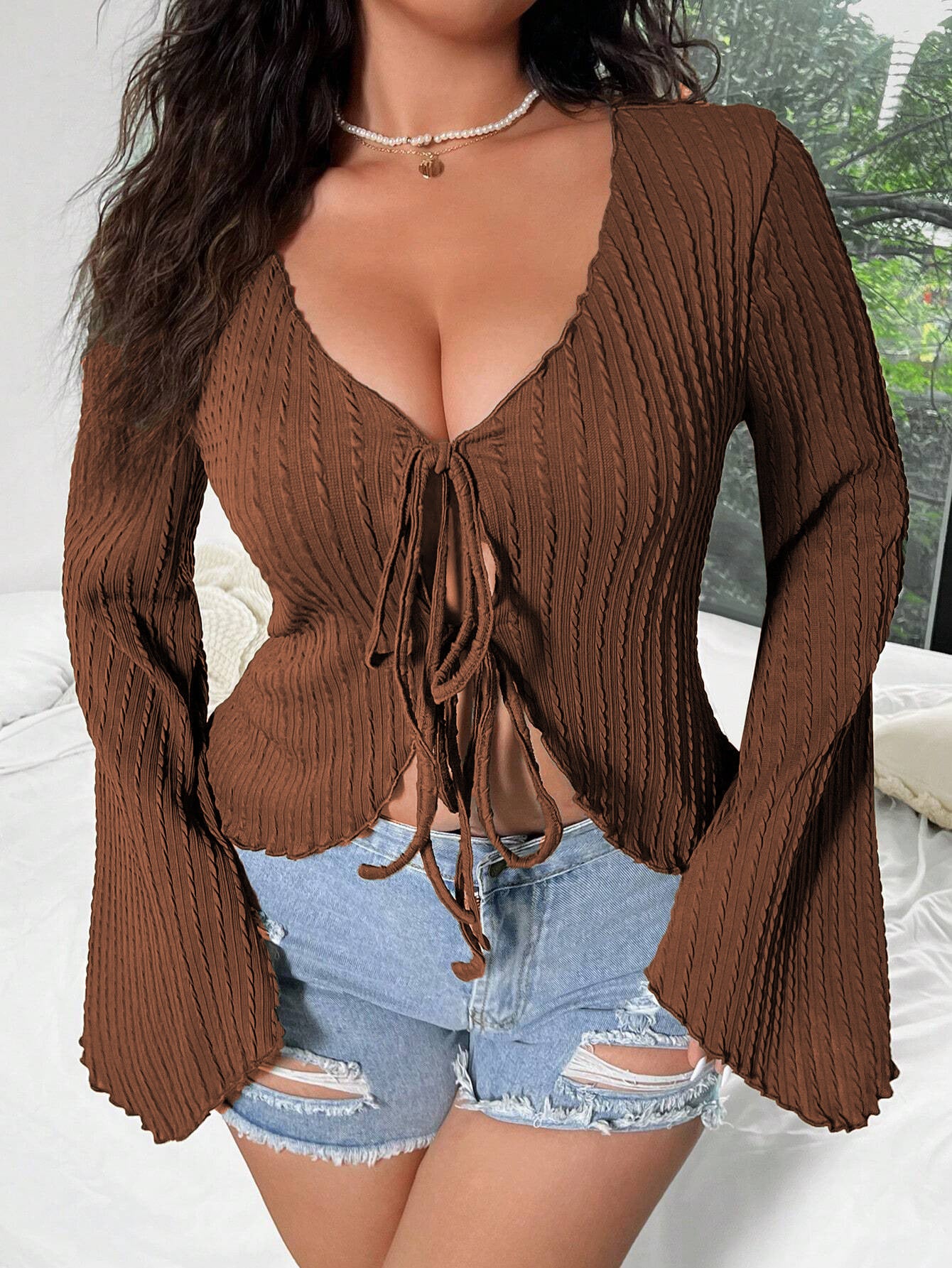Women’s Sweet & Spicy V-Neck T-Shirt – Autumn & Winter Flared Sleeve Slim-Fit Tie-Waist Cardigan Top