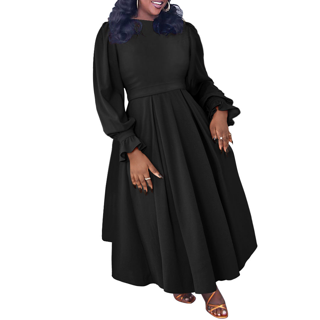 Elegant Plus Size Autumn Winter Banquet Dress for Women – A-Line Big Skirt Formal Gown, Long Sleeve Evening Party Dress