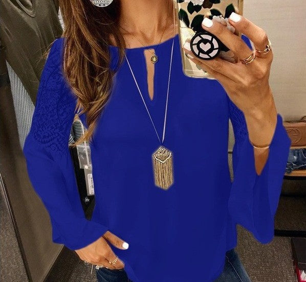 Autumn & Winter Lace Patchwork Bell Sleeve Long Sleeve Chiffon Blouse for Women