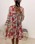 Women's Summer Printed V-Neck Long-Sleeve Loose Casual Dress